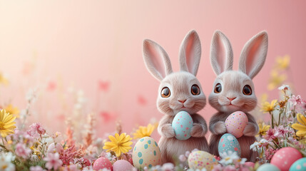 Obraz premium Cartoon Easter Bunny Border with Eggs and Spring Flowers on Pink background with copy space