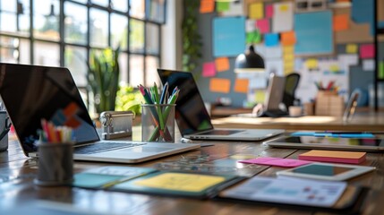 Modern office workspace with laptops, tablets, and colorful stationery.
