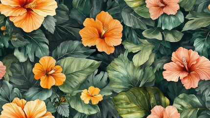Fototapeta premium Watercolor seamless pattern featuring vibrant tropical leaves and exotic flowers like hibiscus orchid and begonia perfect for surface design