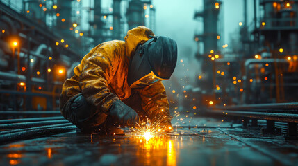 Industrial worker welding in a refinery at night, with sparks flying and dramatic lighting illuminating the scene