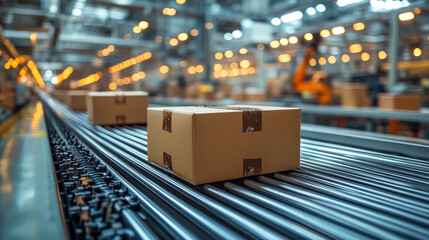 Modern warehouse with boxes on a conveyor belt under industrial lighting