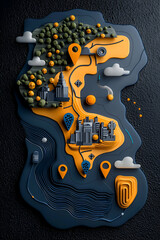 Obraz premium A vibrant 3D map of an abstract landscape, featuring buildings, trees, and location markers in yellow and gray tones, set against a textured backdrop.