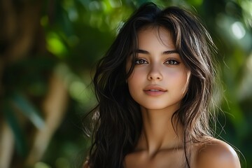 Naklejka premium Sunlit Girl Headshot Close-up Natural Beauty, Brown Eyes, Soft Lighting