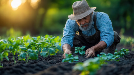 Fototapeta premium An Asian farmer tending to crops in a lush green field under a golden sunset, wearing a hat