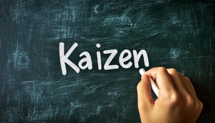 Hand holding white chalk with the word Kaizen, symbolizing continuous improvement. Inspirational quotes in business promoting growth and development.