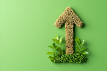 A green arrow made of grass and foliage symbolizes growth and sustainability against a vibrant green background.
