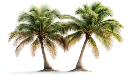 Obraz premium Two lush coconut palm trees on a white background.