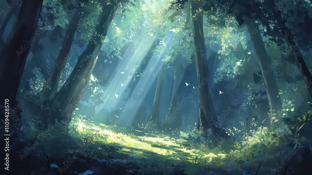 Poster sunbeams illuminate a path through a lush, mystical forest.