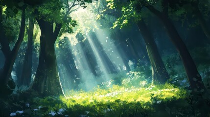 Sunbeams illuminate a lush forest clearing with wildflowers.