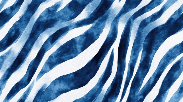 Seamless zebra fur texture in blue and grey watercolor wildlife print for fashion and home decor applications
