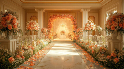 Obraz premium A luxurious wedding hall with peach and white floral decorations, elegant arches, and marble floors, creating a dreamy and romantic ambiance