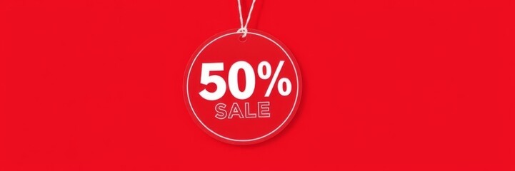 This eye-catching image features a red 50% off sale tag hanging from a white background. The bold red color and large font size make it a powerful visual for promoting discounts and sales.	