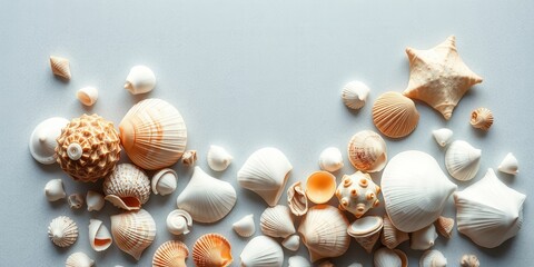 Obraz premium An array of seashells and sea urchins with natural variations in color and texture, arranged on a light gray background, highlighting a minimalist, contemporary design concept.