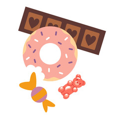 A bunch of sweets, chocolate bar, donut, candy bar and gummy bear. Trendy modern vector illustration isolated on white background, hand drawn, flat design