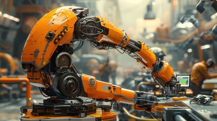 Fototapeta premium Orange robotic arm in industrial factory.
