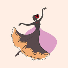a silhouette of a woman dancing. She is wearing a long black dress with a red skirt