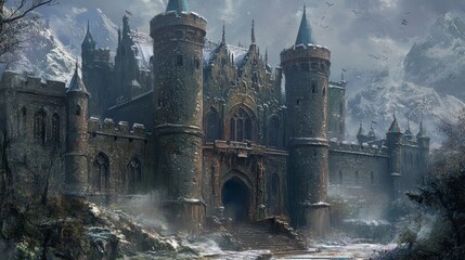 Fototapeta premium A medieval castle with tall towers and a grand gatehouse