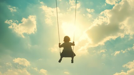 Child silhouetted on swing, sunlight behind.