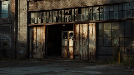Fototapeta premium Sunlit abandoned industrial building with rusty doors and broken windows.