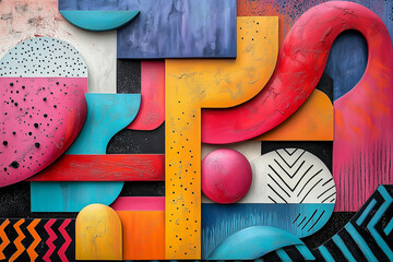 Vibrant abstract art composition showcases bold colors and geometric shapes