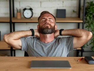 office syndrome concept. A worker performing chin tucks at their desk to strengthen neck muscles and counteract forward head posture