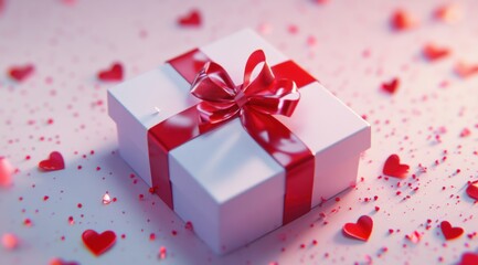 An elegant gift box with a red ribbon, surrounded by tiny hearts on a light pink background. Valentine's Day concept