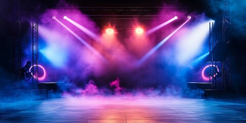 Colorful stage lights smoke at concert or theatre