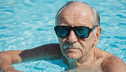 Fototapeta premium Active old man relaxing in an outdoor pool with snowy mountains in the background. 