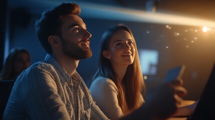 A couple enjoying a cinematic experience, captivated by the screen's light.
