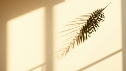 Obraz premium The Sunlight Filtering Through a Window Creates a Playful Shadow of a Palm Leaf on a Soft Beige Wall