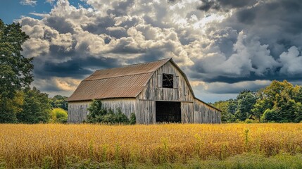 Rustic barn in golden field under dramatic sky.