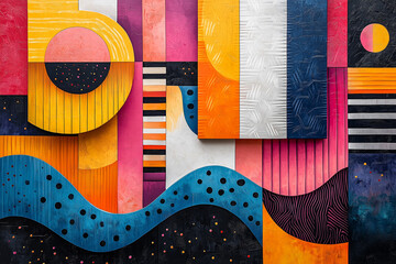 Bold geometric abstract art piece with vibrant colors and dynamic patterns