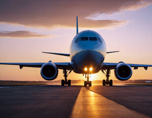 Obraz premium The plane rises from the runway at sunset.