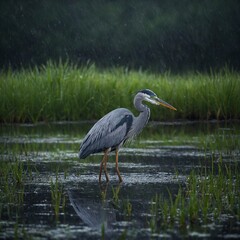 Fototapeta premium A heron standing in a shimmering wetland during a light drizzle.