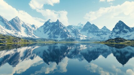 Fototapeta premium A peaceful mountain lake with crystal clear water, surrounded by towering snow-capped peaks