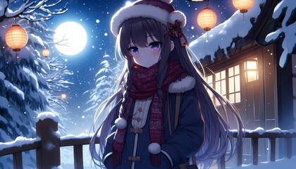 Cute anime girl on the background of the city at night, winter picture