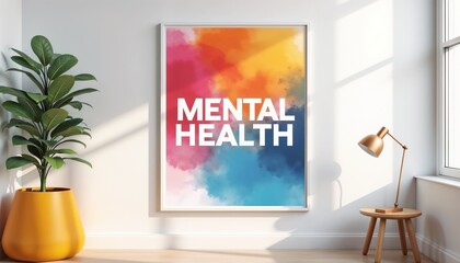 Colorful mental health poster in bright modern room.  Mental Self-Care, Awareness Month,  Mental Health Check ,support ,advocate,awareness poster, ribbon