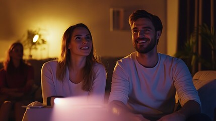 A couple enjoys a movie night with a projector, smiling and engaged in the moment.