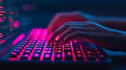 Typing Woman on an Illuminated Keyboard Home Office Digital Art Modern Environment Close-up View Technology Concept