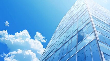 Obraz premium A minimalist glass tower, viewed from the ground, showing clean reflections of the sky