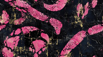 Seamless black animal art pattern featuring pink snake skin textures over a grunge background ideal for fabric design and apparel
