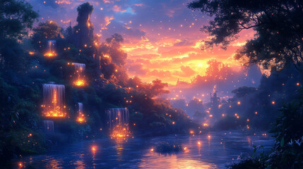 Fototapeta premium Whimsical fantasy landscape with floating lights over serene waterfalls at sunset