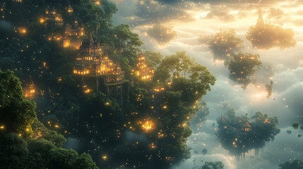 Obraz premium Whimsical floating villages illuminated by soft lights in a fantasy landscape at dusk