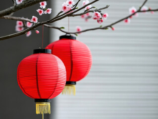 Obraz premium Red lanterns hanging from branch with pink blossoms, celebrating Lunar New Year