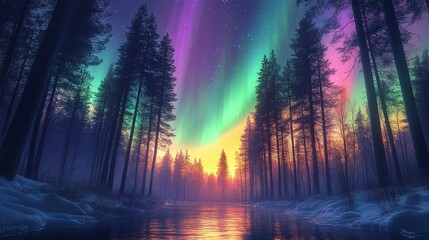 Obraz premium A breathtaking winter scene of a forest path illuminated by enchanting Northern Lights. Snow blankets the ground, creating a peaceful and mystical atmosphere.