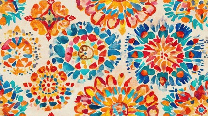 Colorful watercolor repeat print featuring natural ethnic illustrations ideal for textile design and traditional backdrop applications