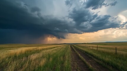 Obraz premium Dramatic storm clouds over a rural road and golden field.