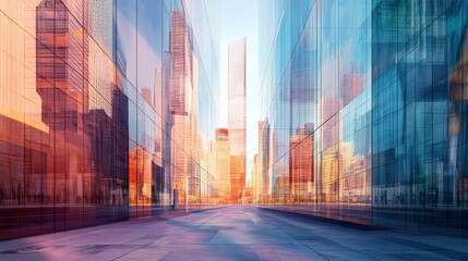 A row of tall, mirrored glass towers, seen from a street-level perspective, each reflecting the sky