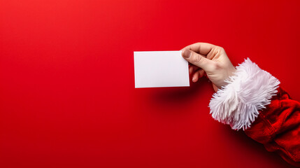 Santa Claus�s hand holding a white card with copy space on a red background, representing Christmas, tradition, and celebration.