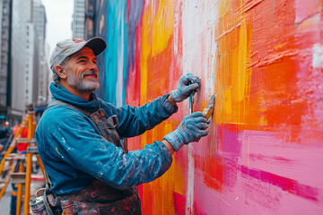 Obraz premium Vibrant street art mural being created by an artist in an urban setting during a cloudy day